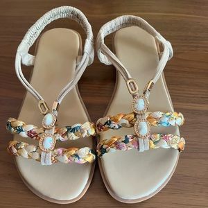 NWOT Cream colored sandals with heel strap, floral fabric and iridescent gems